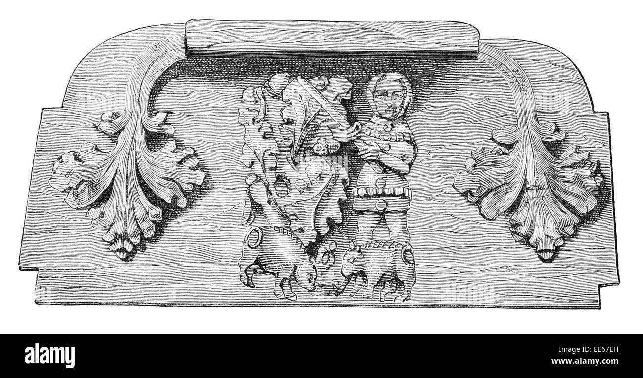 Autunno Miserere carving cattedrale di Worcester 1395 misericord propiziatorio in legno intagliato Priory anglicana decorazione legno fine da banco Foto Stock