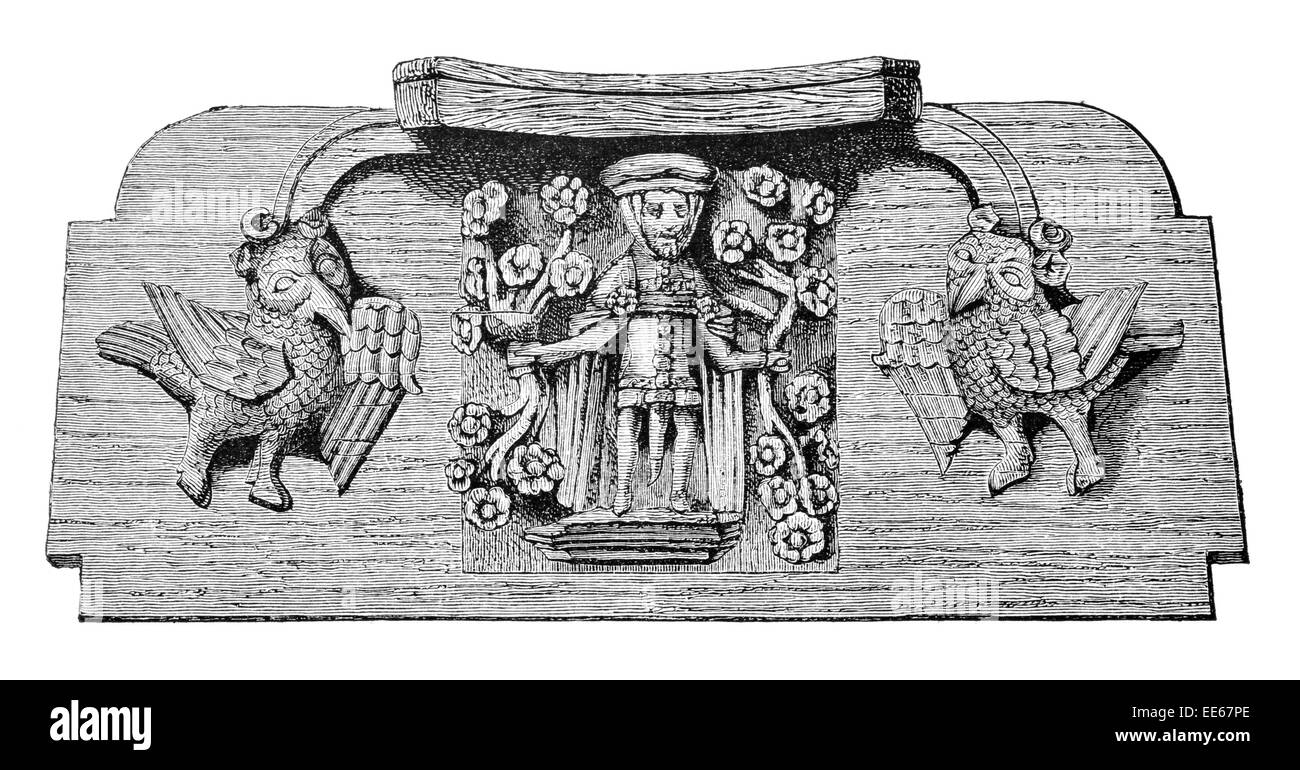 Estate Miserere carving cattedrale di Worcester 1395 misericord propiziatorio in legno intagliato Priory anglicana decorazione legno fine da banco Foto Stock