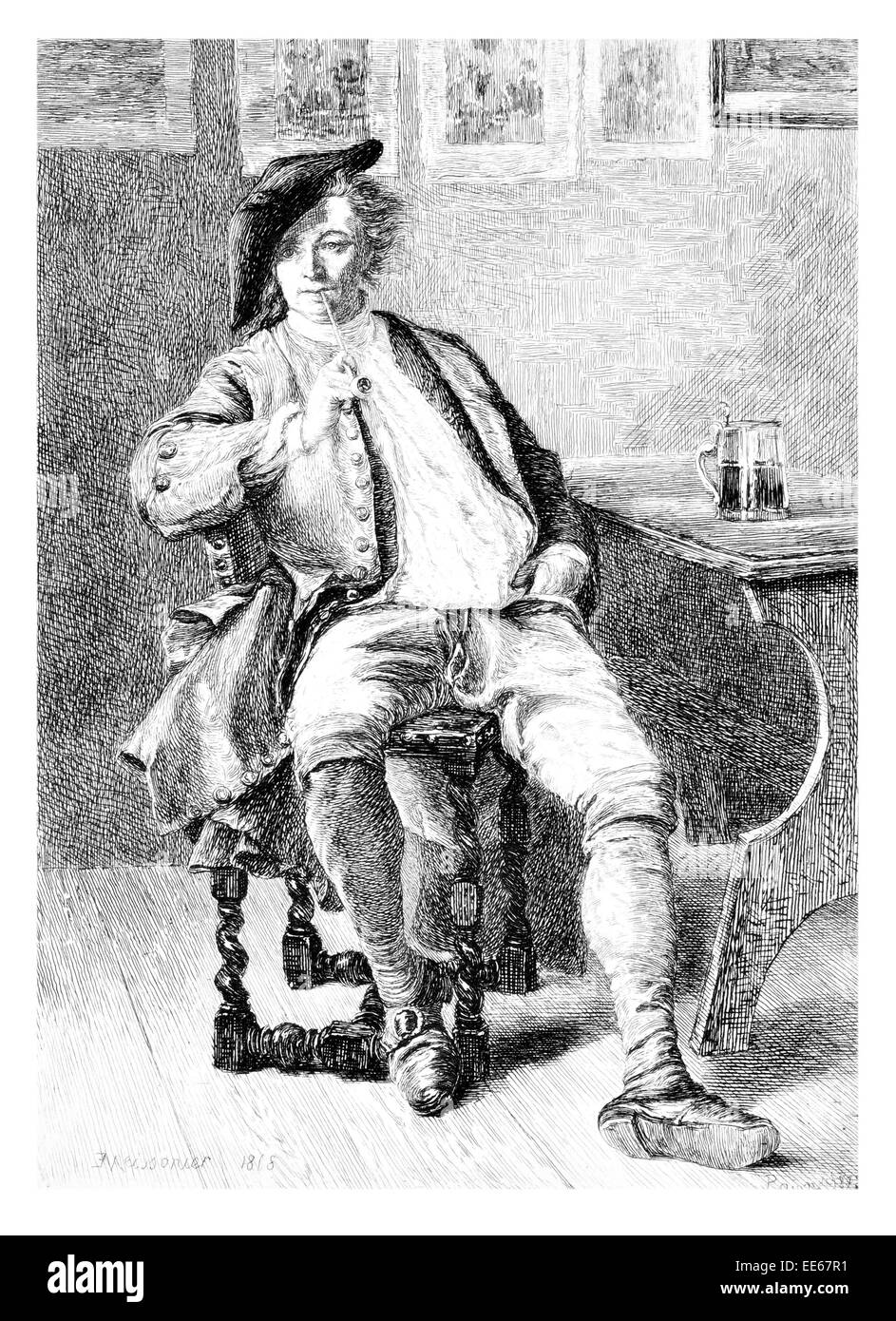Il fumatore Jean-Louis Ernest Meissonier costume vestiti fumatori tubo di fumo tanked pinta pub public house Foto Stock