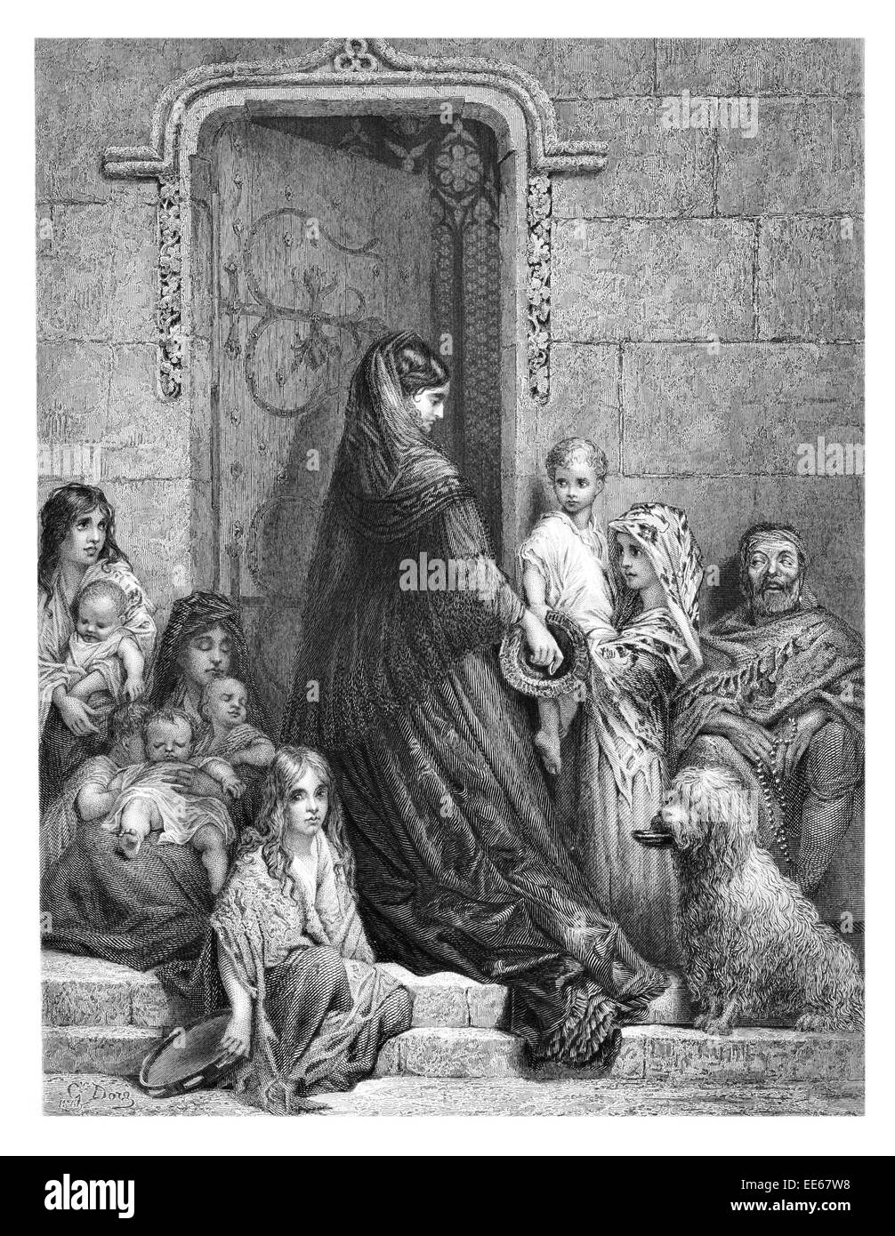 Alms dando Paolo Gustave Louis Christophe Doré elemosina virtù di religione cristiana religiosa cristianesimo portale gotico Foto Stock