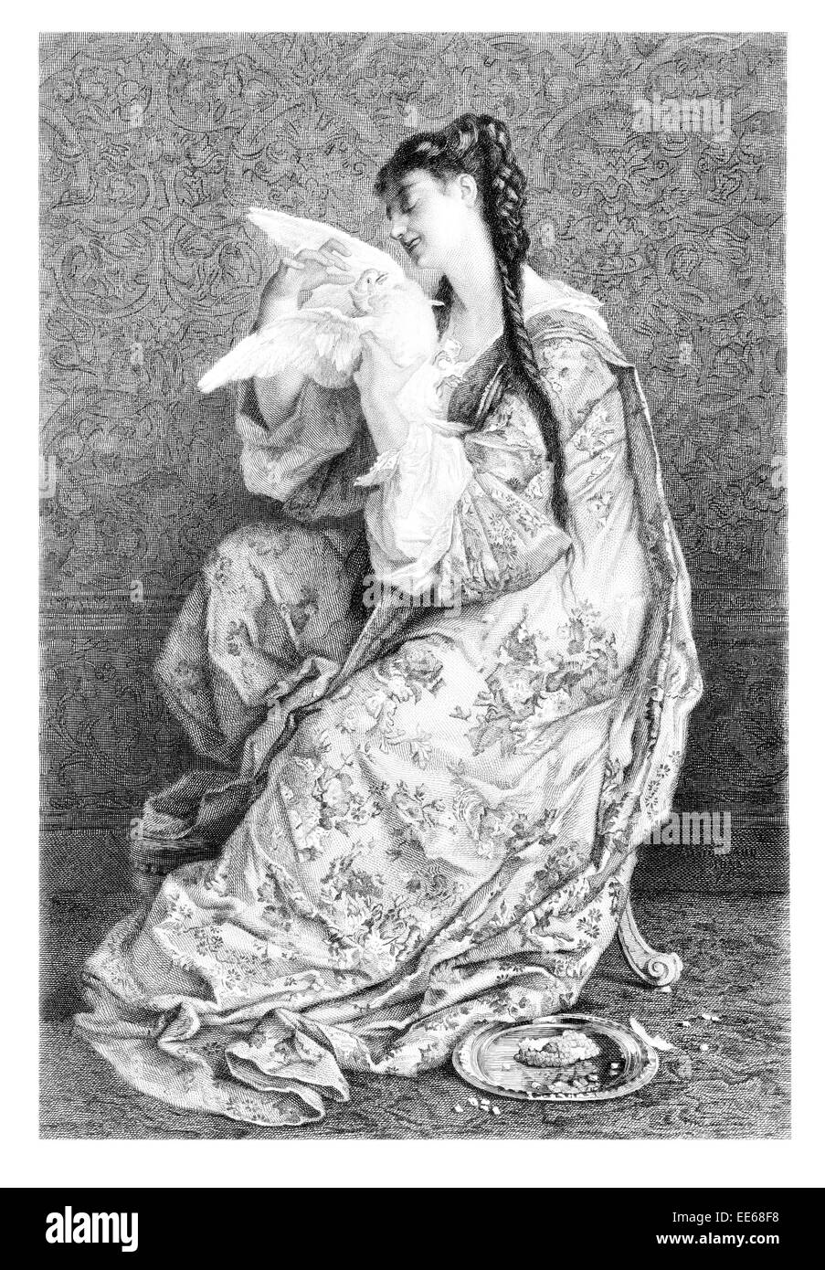 Il Prigioniero un Bourlard colomba bianca costume abito donna grazia femminile graziosa bellezza donna femmina femminile ragazza di coda di cavallo Foto Stock