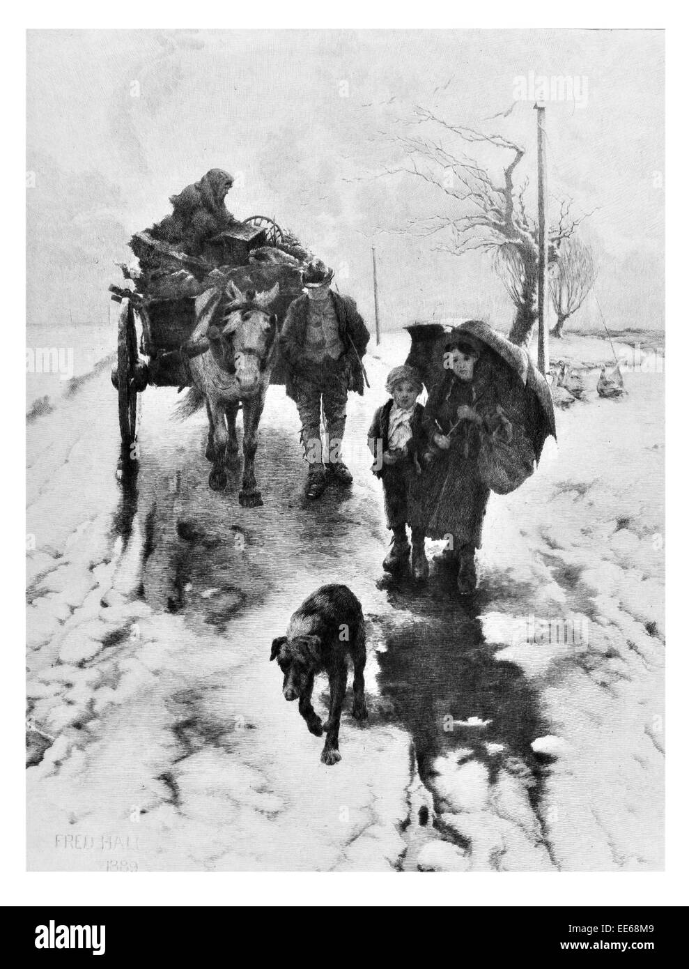 Avversità Fred hall famiglia contadina povera in movimento di viaggio home casa i bambini figlio figlia madre padre neve invernale freddo cane Foto Stock