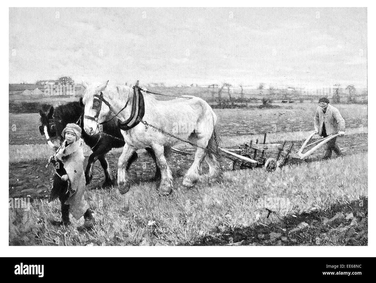 L'aratura Sir George clausola shire horse tirando aratro campo crop padre figlia agricoltore campagna agricola costume Foto Stock