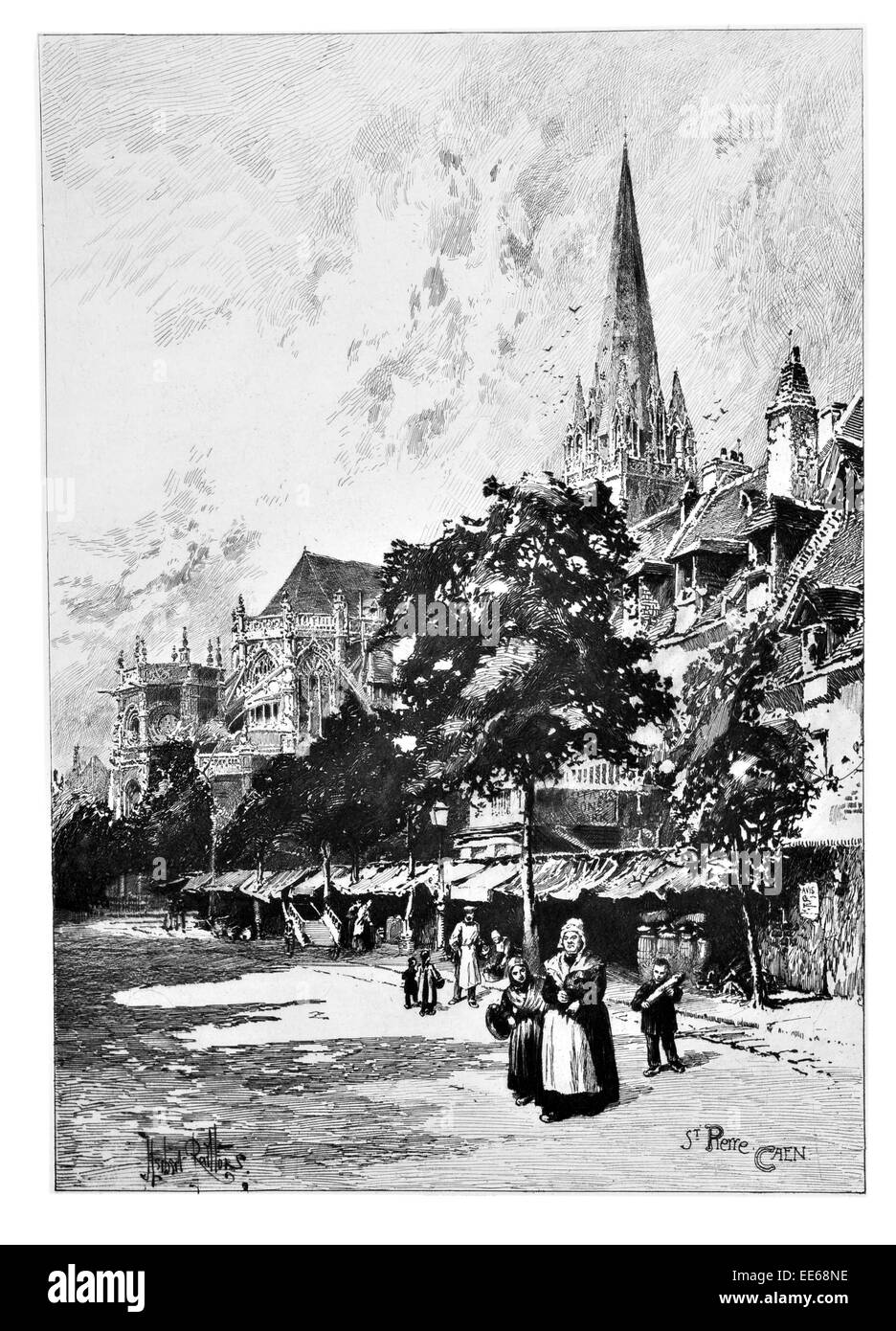 Chiesa Saint-Pierre Caen Normandia Francia chiesa cattolica romana San Pietro Gotico Rinascimentale market place guglia Foto Stock