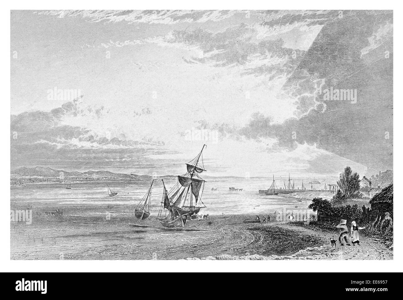 Ulverstone sands beach nave barca a vela peschereccio spiaggiata Cumbria Nord Ovest Inghilterra Lancashire North West England 1879 Foto Stock