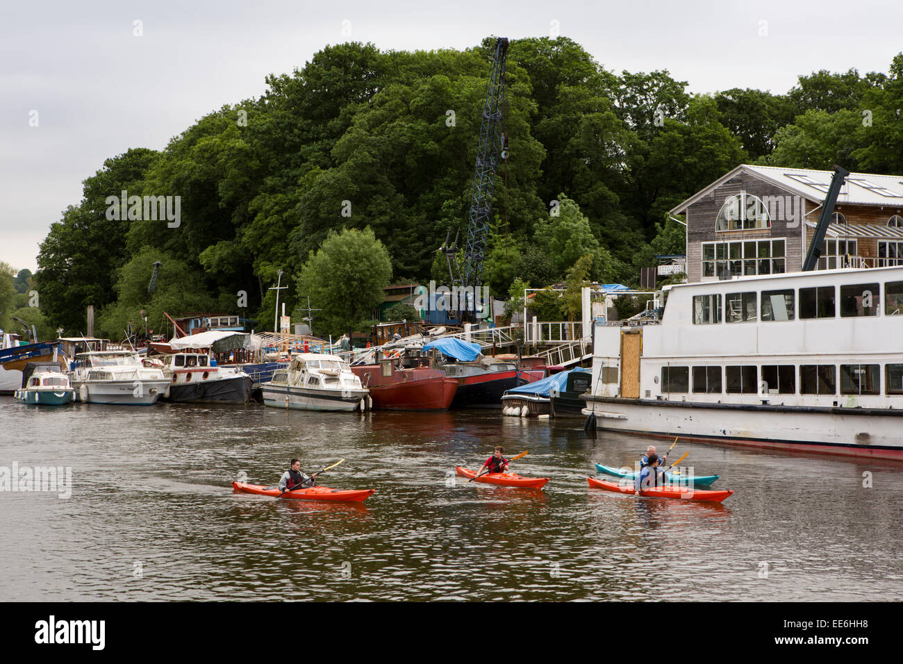UK, Londra, Twickenham, famiglia kayak sul fiume Tamigi accanto a Eel Pie Island Foto Stock