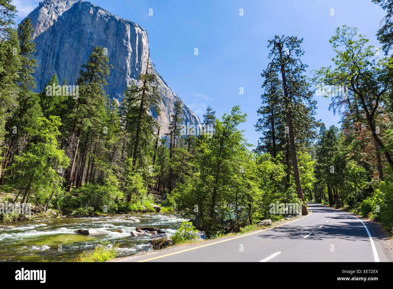 Merced River e El Capitan di Southside Drive nella Yosemite Valley, del Parco Nazionale Yosemite, Sierra Nevada, in California, Stati Uniti d'America Foto Stock
