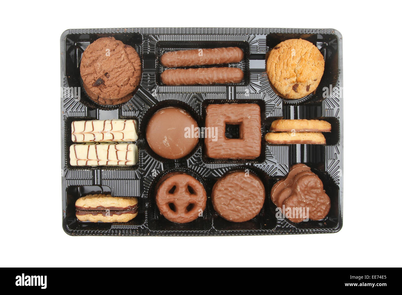 Selezione di biscotti con aggiunta di dolcificanti in un vassoio di plastica isolati contro white Foto Stock