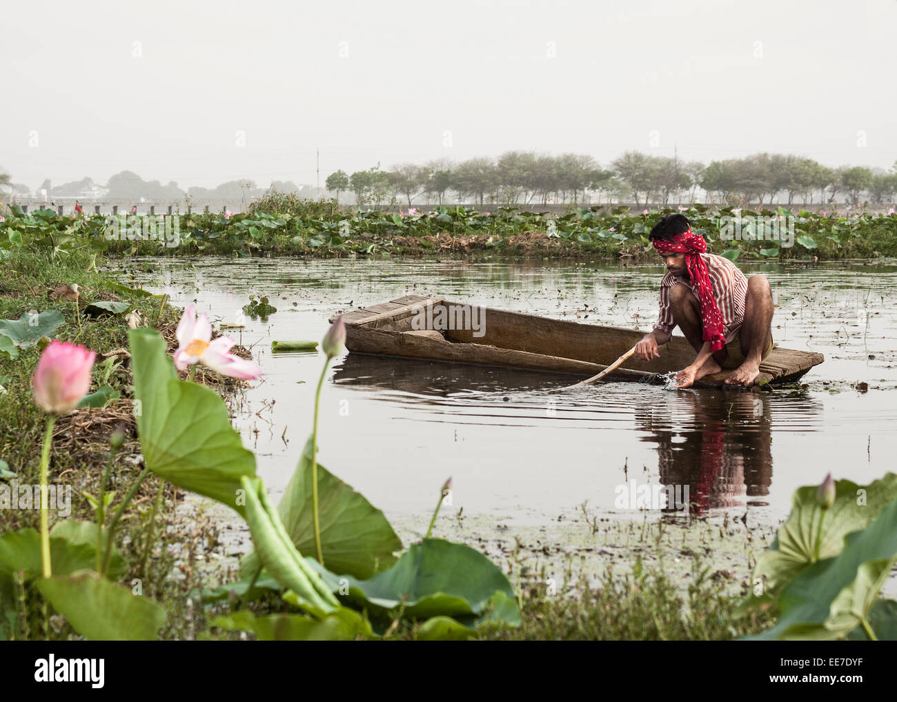 Povero indiano pescatore cattura del pesce in un piccolo lago da qualche parte nel Madhya Pradesh, India. Foto Stock