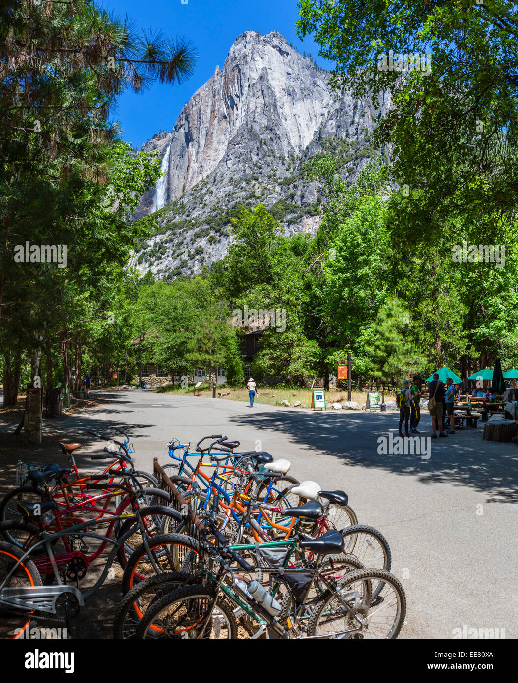 Il Villaggio di Yosemite con Yosemite Falls in distanza, Yosemite Valley, del Parco Nazionale Yosemite, nel nord della California, Stati Uniti d'America Foto Stock