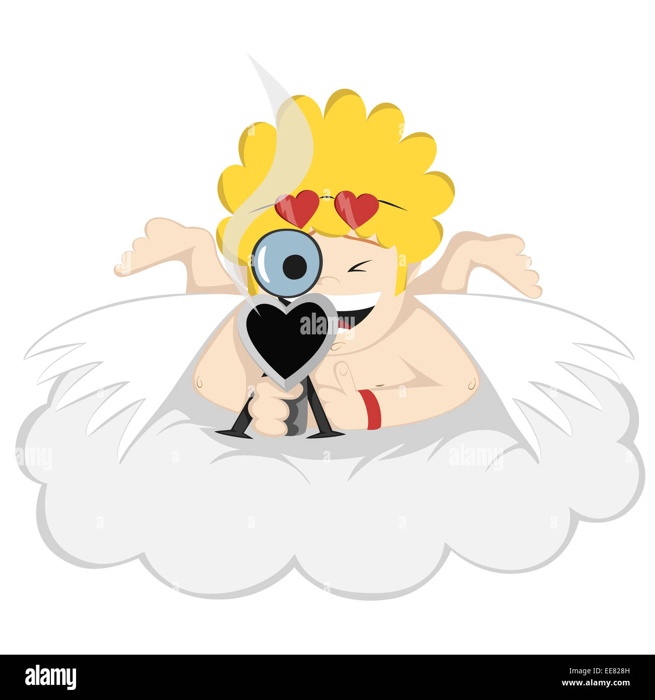 Crazy, divertente e sorridente Cupido carattere è volto con un fucile con mirino alla vittima che giace su una nuvola gambe. Foto Stock