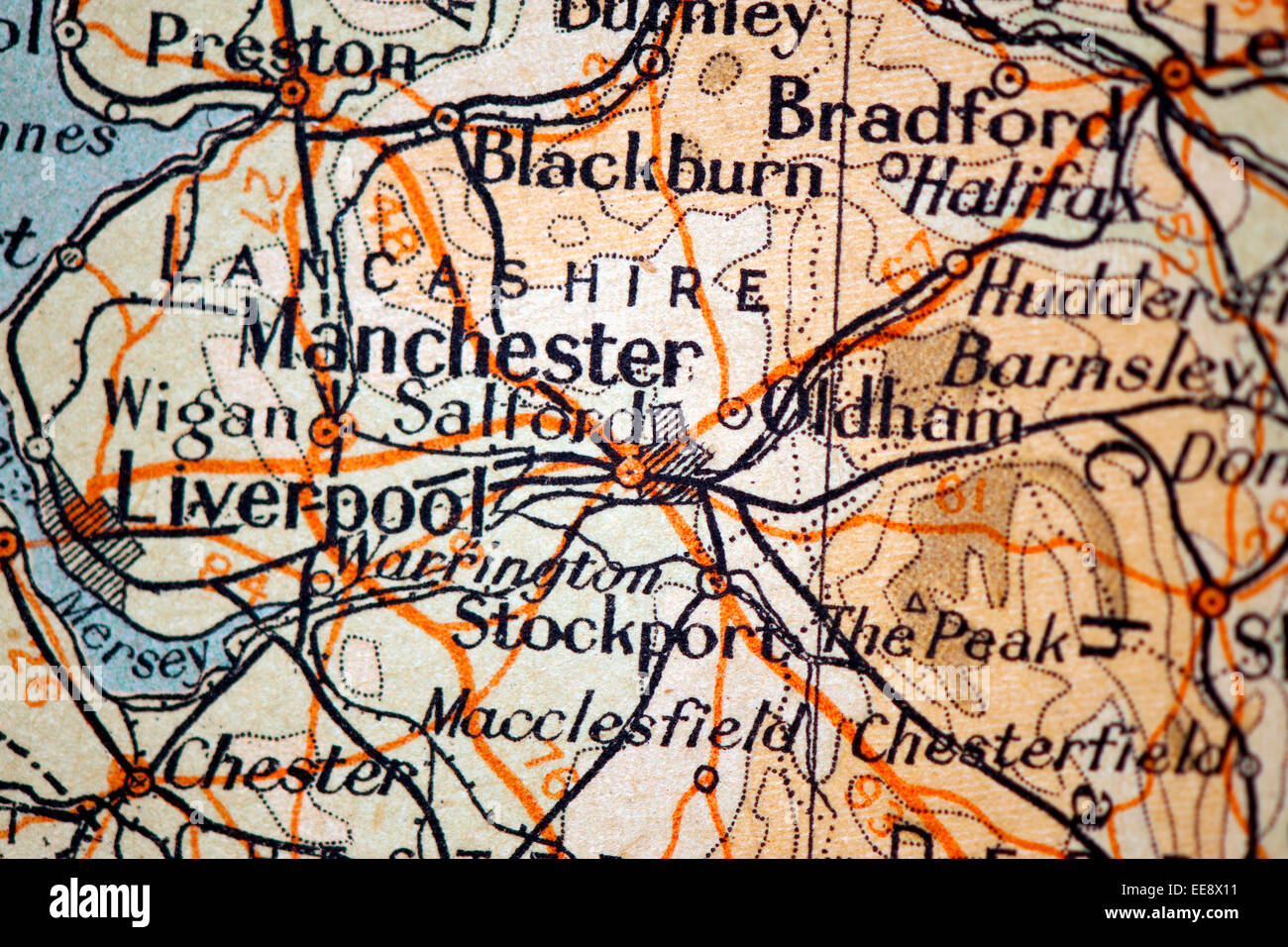 Sezione presa da Bartolomeo del Western Europa panno Automobile mappa che mostra il Nord Ovest Inghilterra Foto Stock
