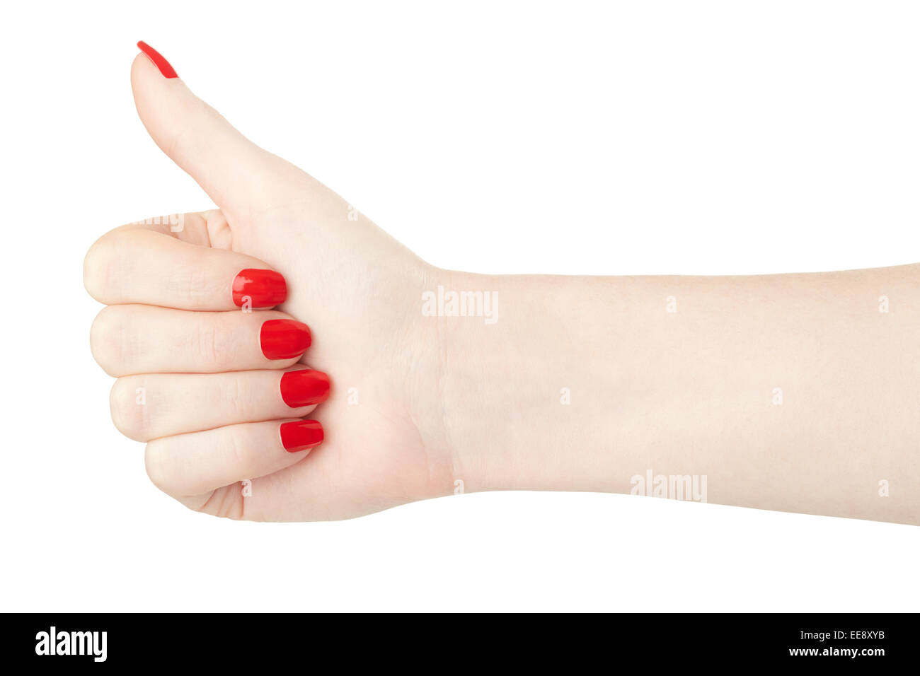 Donna con mano rosso smalto per unghie pollice in alto Foto Stock