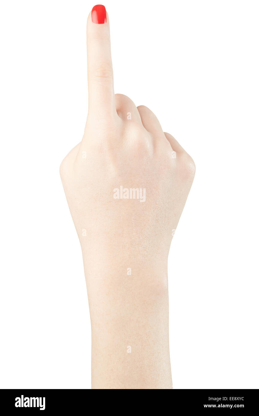 Manicure con rosso smalto per unghie sulla donna mano sollevata Foto Stock