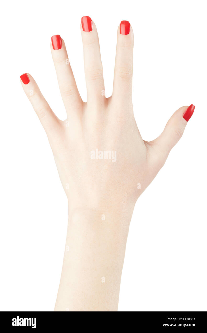 Rosso smalto per unghie sulla donna mano sollevata Foto Stock