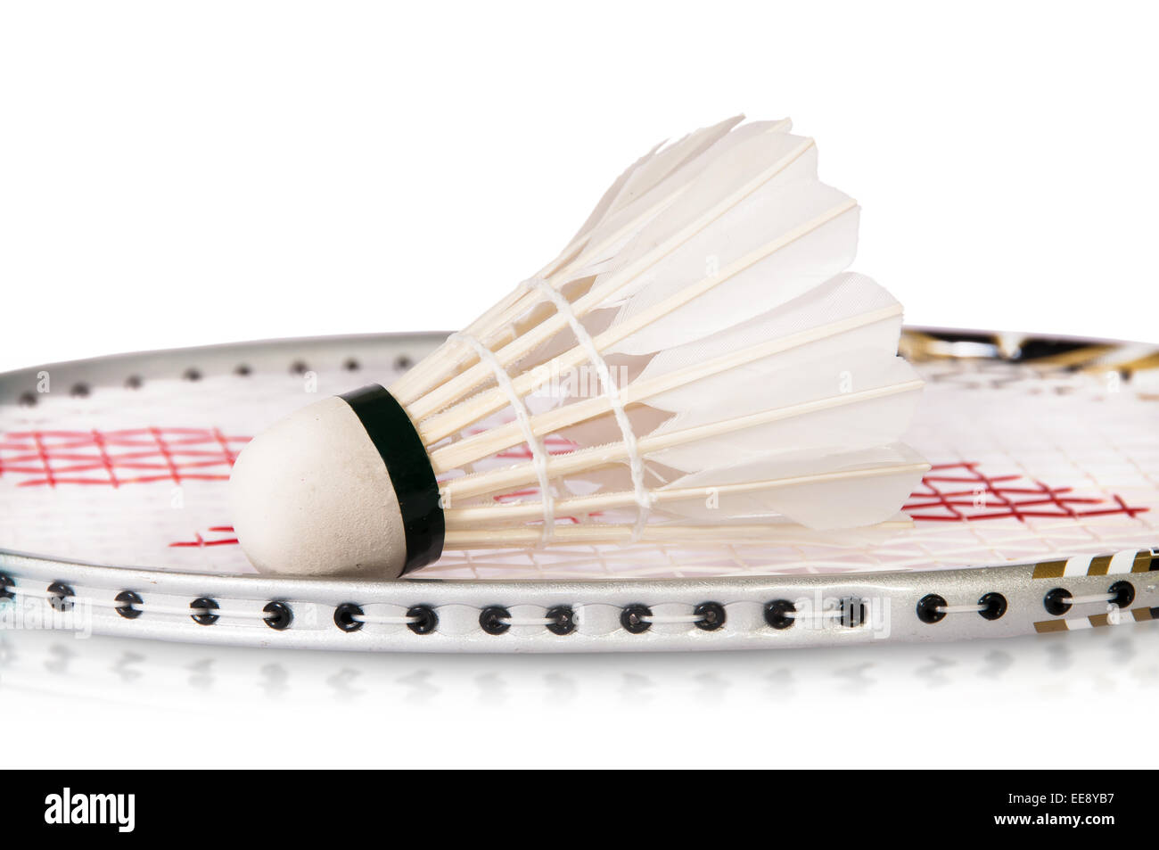Volano su badminton racchetta isolati su sfondo bianco Foto Stock