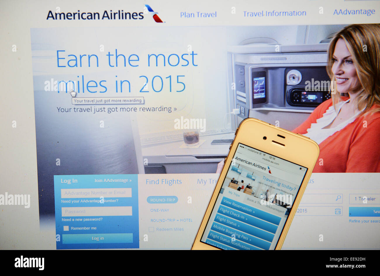 American Airlines Sito Web e IPhone Foto Stock