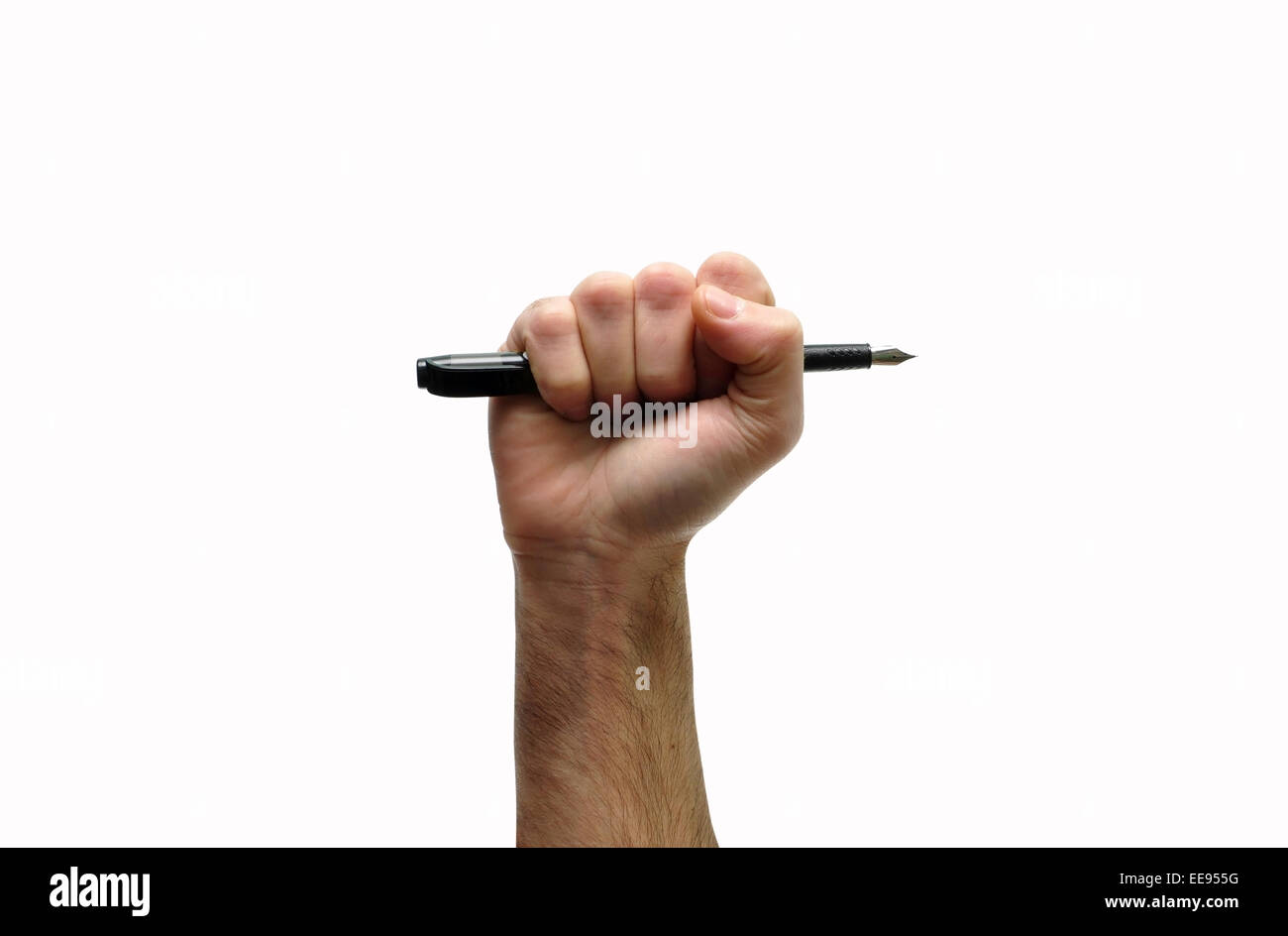 Man mano pugno chiuso con una penna la libertà di parola simbolo Foto Stock