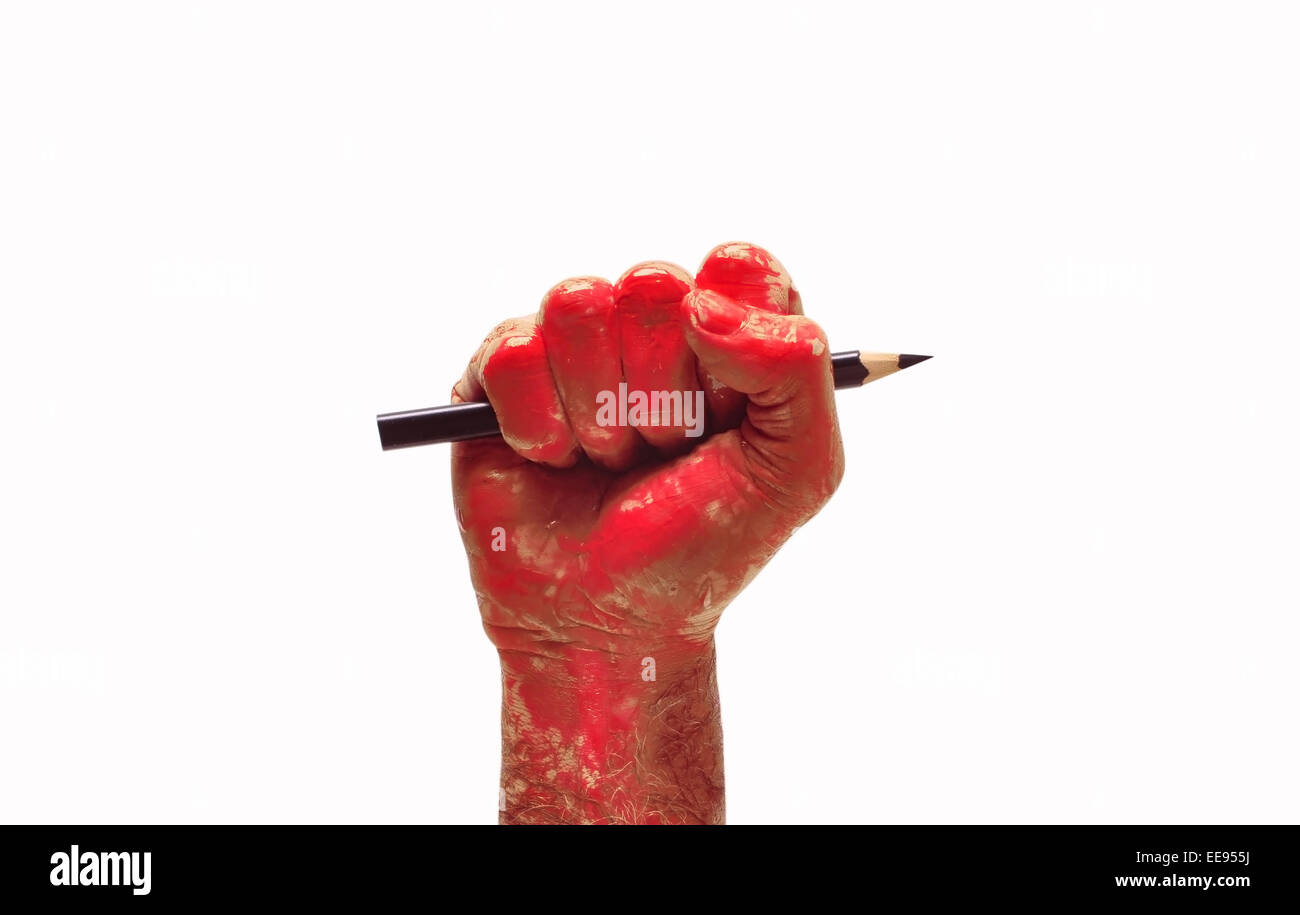 Man mano alzata pugno con una matita la libertà di parola simbolo Foto Stock