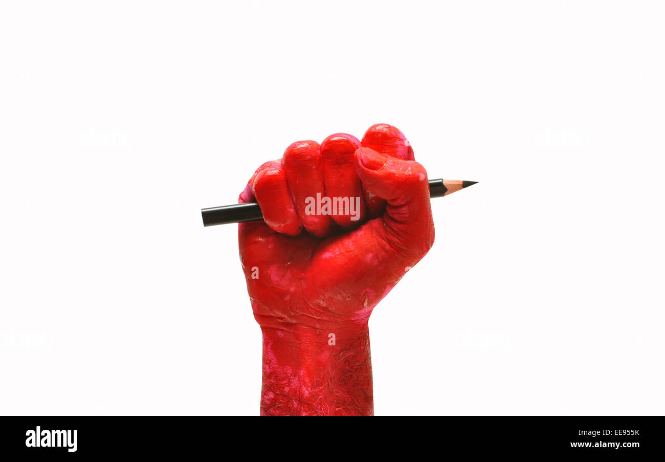 Man mano alzata pugno con una matita la libertà di parola simbolo Foto Stock