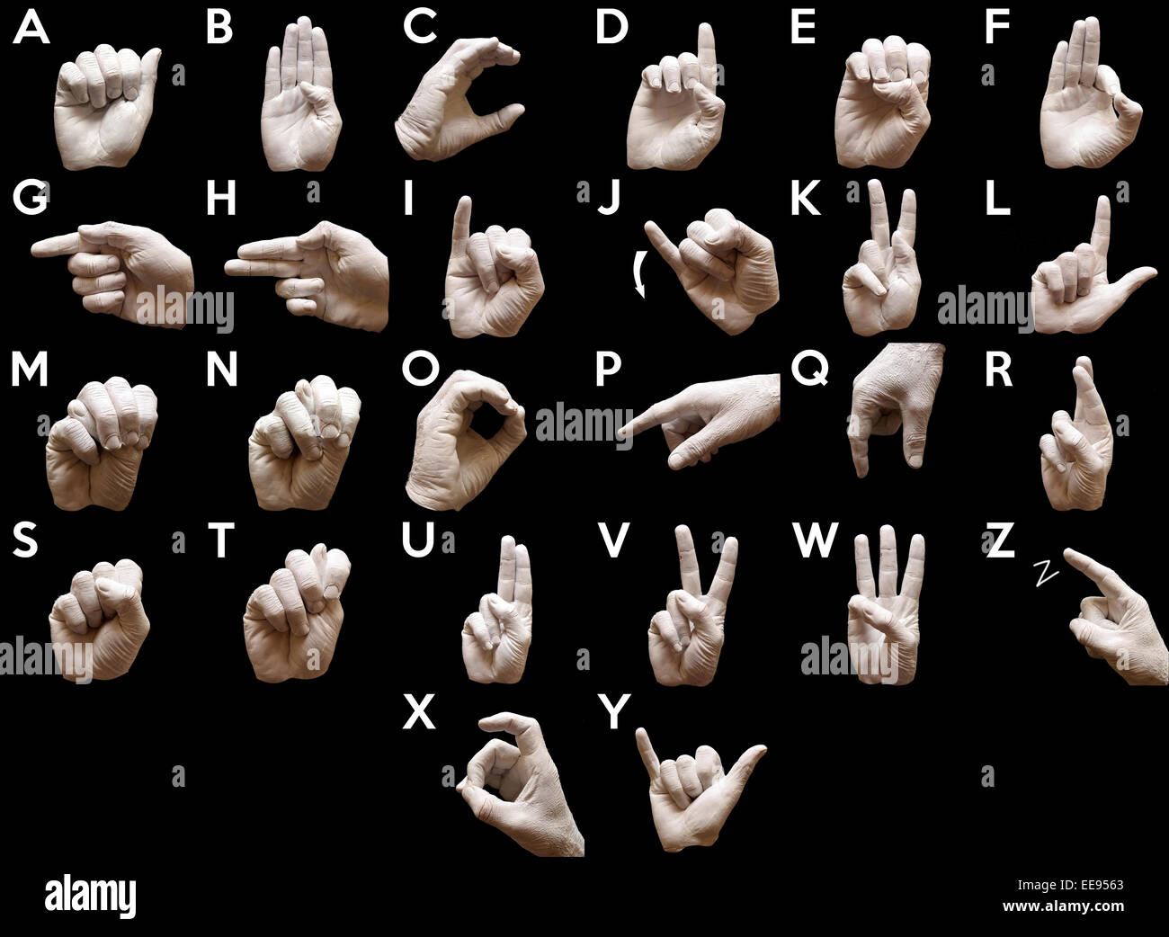 La lingua dei segni americana con alfabeto mani dipinte di bianco su sfondo nero Foto Stock