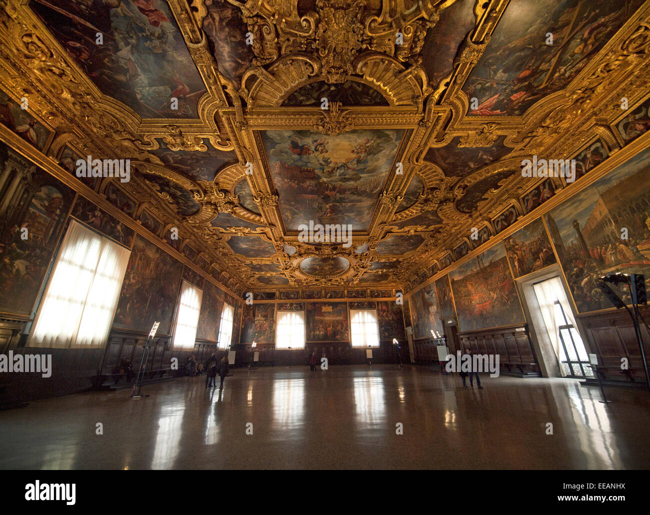 La grande sala del Consiglio nel Palazzo del Doge di Venezia Foto Stock