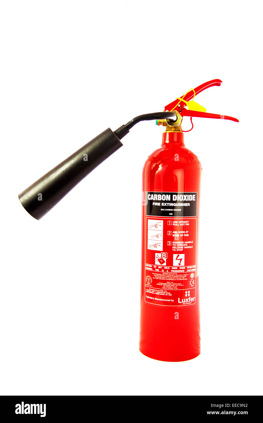 Estintore ad anidride carbonica gas distributore cilindro tagliato fuori spazio copia sfondo bianco Foto Stock