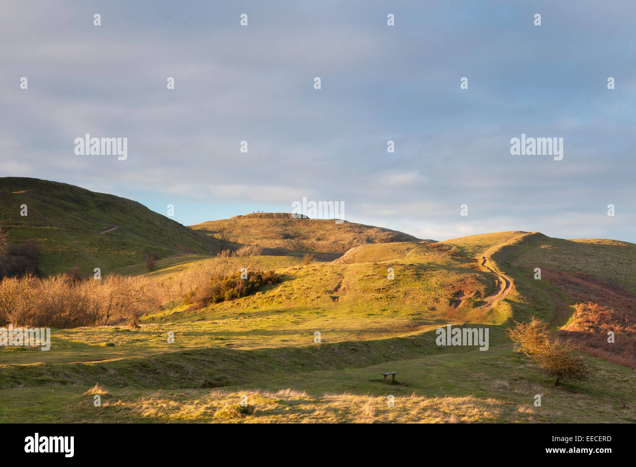 Nel tardo pomeriggio la luce oltre British Camp (Herefordshire Beacon) da Hangman's Hill, Malvern Hills, Herefordshire, England, Regno Unito Foto Stock