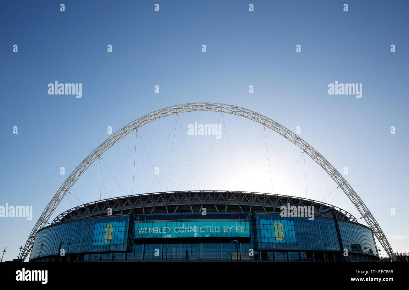 Una generale vista dallo stadio di Wembley che mostra l'iconica arch a Londra Dicembre 2014 Foto Stock