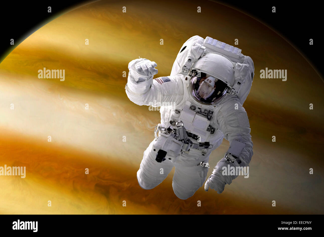 Artista del concetto di un astronauta fluttuante nello spazio sopra una grande pianeta alieno. Foto Stock