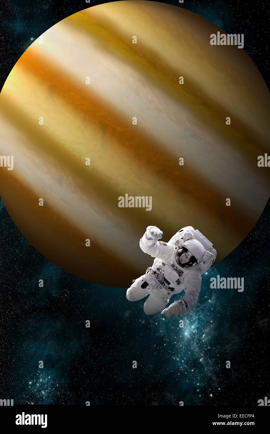 Artista del concetto di un astronauta floating nello spazio esterno. Un Giove-come pianeta costituisce lo sfondo. Foto Stock