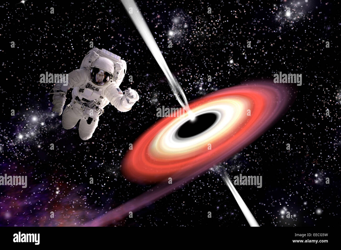 Artista del concetto di un astronauta caduta verso un buco nero nello spazio esterno. I raggi gamma eruttano dai poli come una nebulosa nelle vicinanze Foto Stock