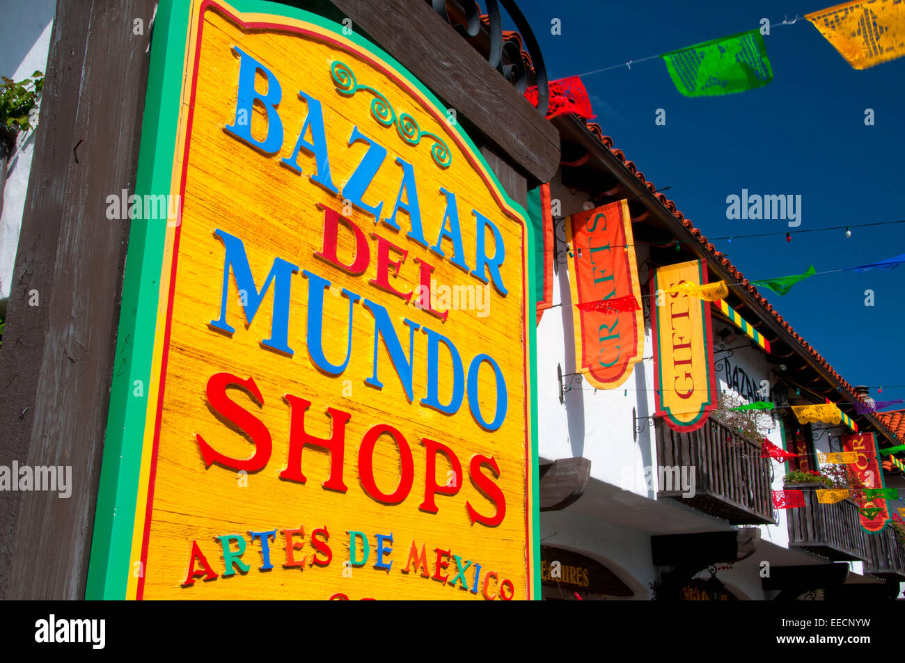 Bazaar del Mundo Shop segno, la Citta' Vecchia di San Diego, San Diego, California Foto Stock