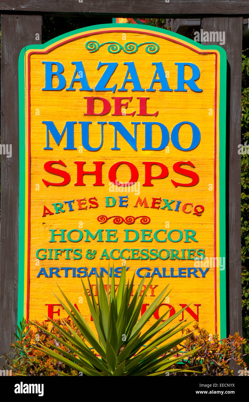 Bazaar del Mundo Shop segno, la Citta' Vecchia di San Diego, San Diego, California Foto Stock