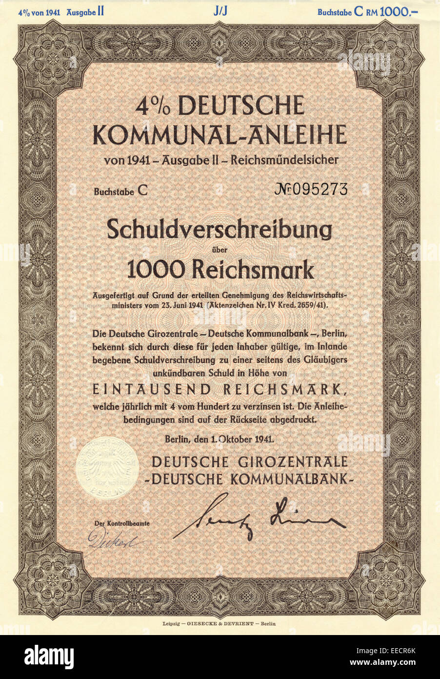 Historische Aktie, 4%ige Deutsche Kommunal-Anleihe über 1000 Reichsmark, Schuldverschreibung, 1941, Deutschland, Europa Foto Stock