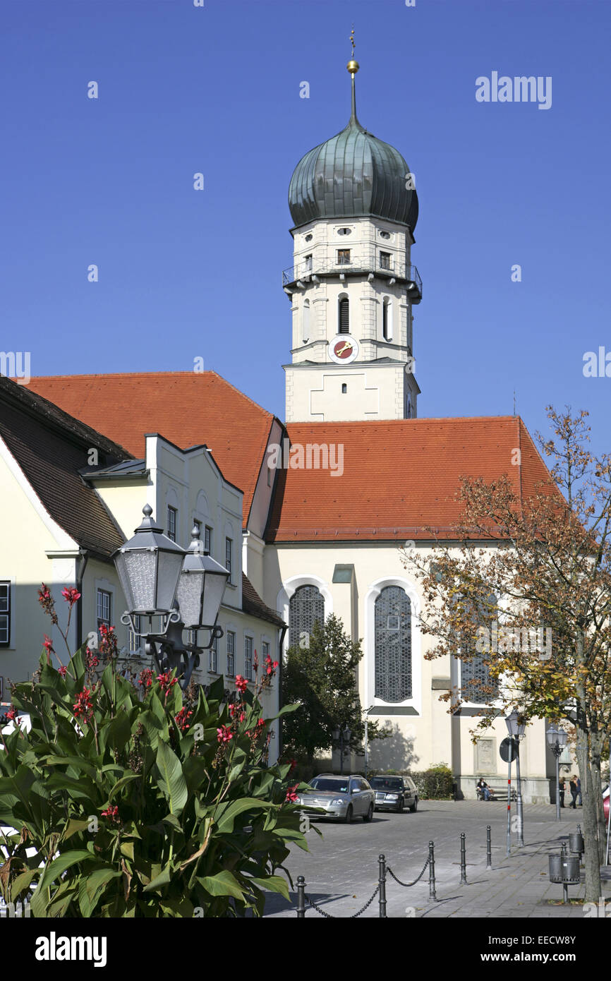 Deutschland, Bayern, Altstadt, Schongau, Marienplatz Kirche Mariae assunta, Mariä assunta, Stadtansicht, Marktplatz, St Foto Stock