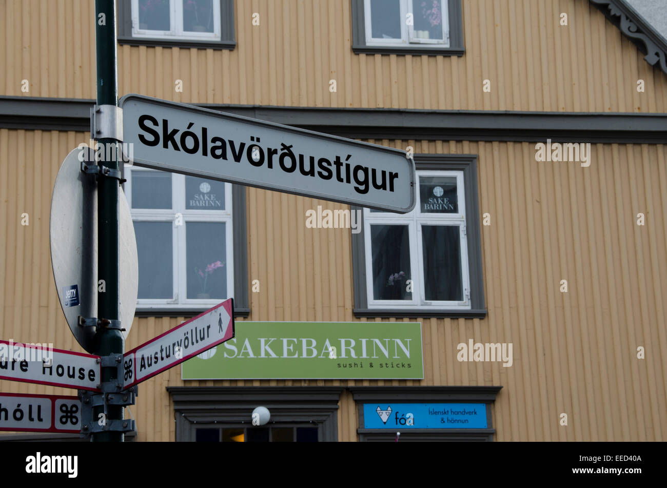 Un cartello stradale a Reykjavik, Islanda la città capitale della Foto Stock