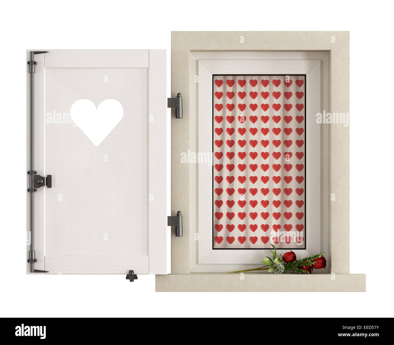 Finestra con battente aperto con cuore intagliato e bouquet di rose sul davanzale isolato su bianco-3D Rendering Foto Stock