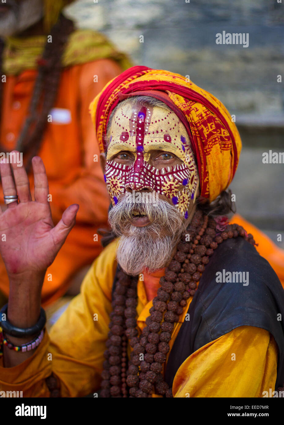 Un sadhu è un Indù uomo santo o ascetica religiosa. Visto qui nel distretto di tempio di Pashupatinath, a Kathmandu, Nepal. Foto Stock