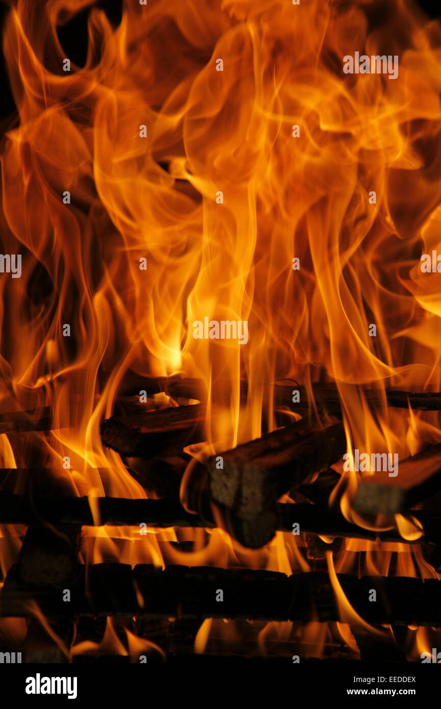 Elemente, Feuer, Flamme, Flammen, glut, Hitze, Holz, Lagerfeuer, brennen, gluehen, Kamin, offen, Feuerstelle, Brennholz, verbren Foto Stock