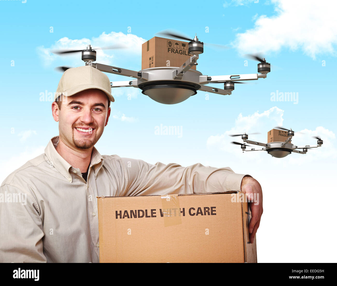 Immagine 3d di futuristico drone di consegna e del lavoratore Foto Stock