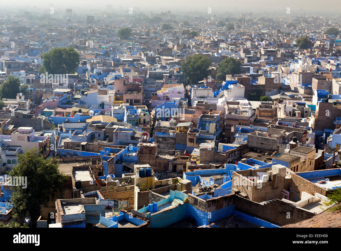 India Rajasthan, Jodhpur, blu case dipinte nella città vecchia Foto Stock