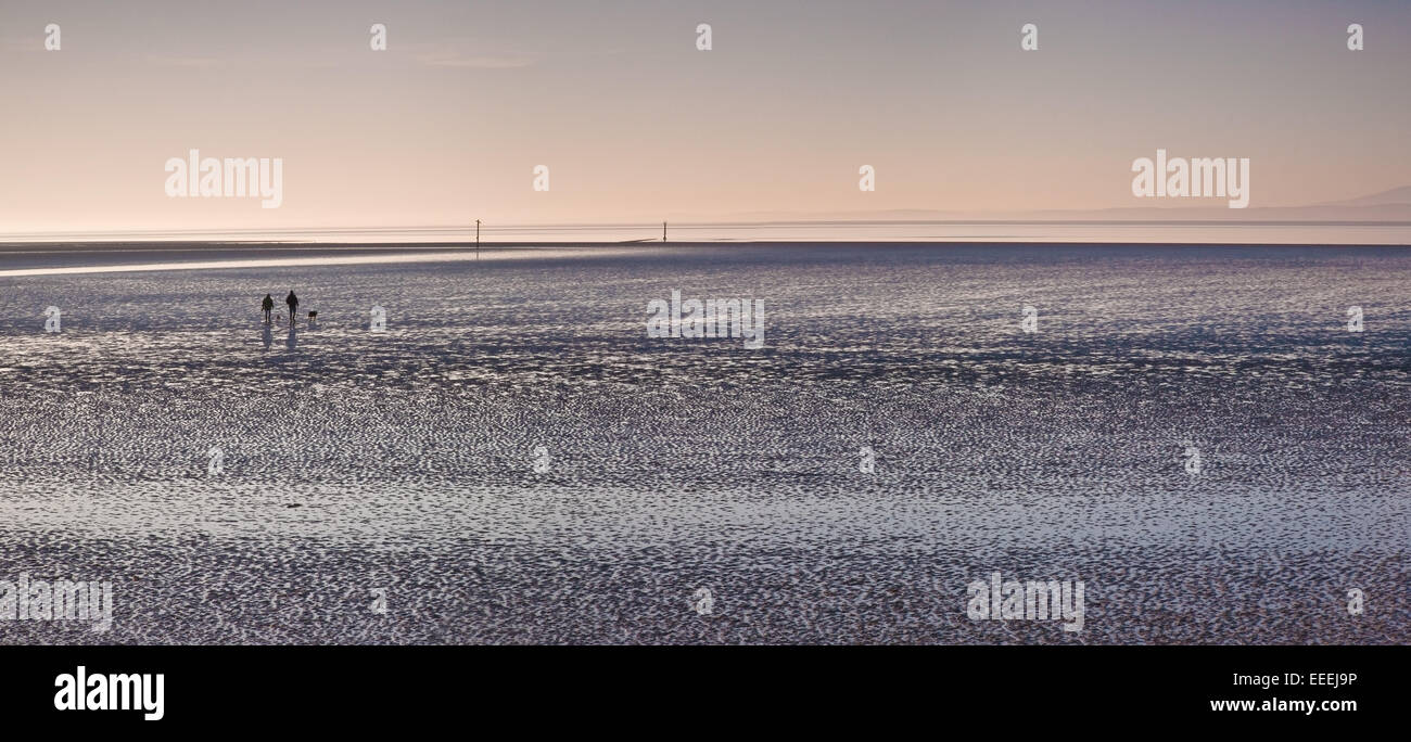 Marea a Morecambe Bay al tramonto, Lancashire, Inghilterra, Regno Unito Foto Stock
