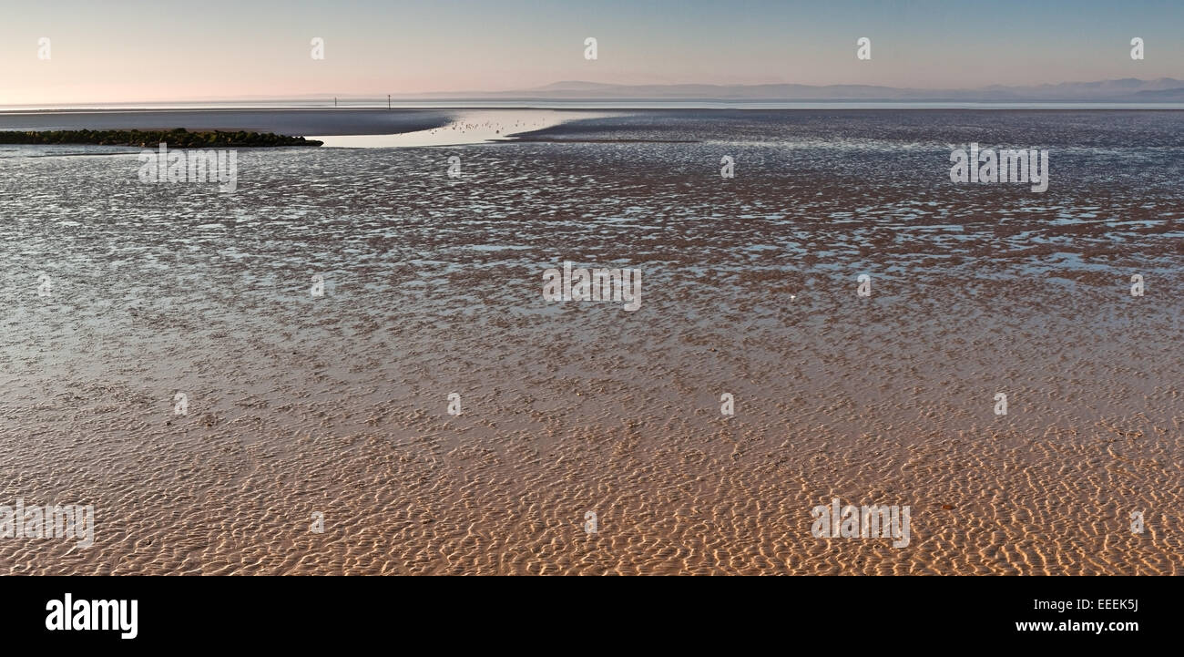Marea a Morecambe Bay al tramonto, Lancashire, Inghilterra, Regno Unito Foto Stock