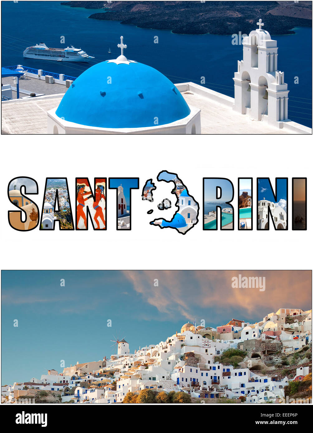 Un collage di immagini varie dal greco paradisiaca isola di Santorini. Tagliate la sempre più crescente popolare 2,33:1 rapporto di aspetto Foto Stock