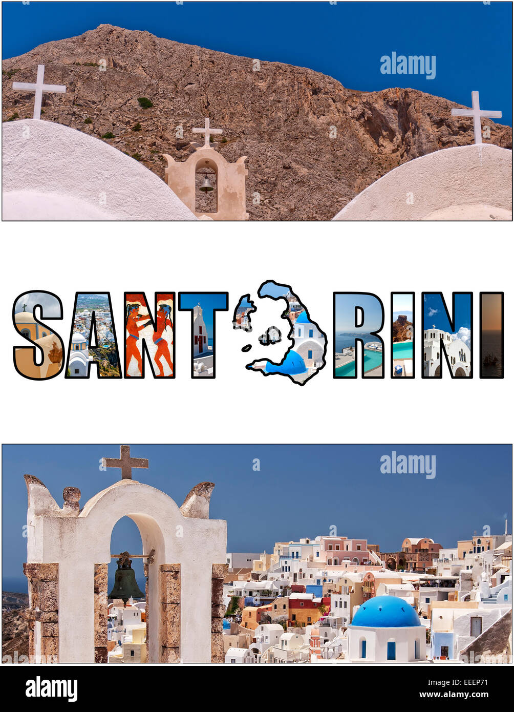 Un collage di immagini varie dal greco paradisiaca isola di Santorini. Tagliate la sempre più crescente popolare 2,33:1 rapporto di aspetto Foto Stock