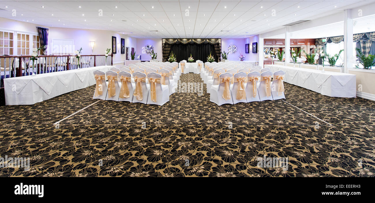 Un ricevimento di nozze layout in un hotel Foto Stock