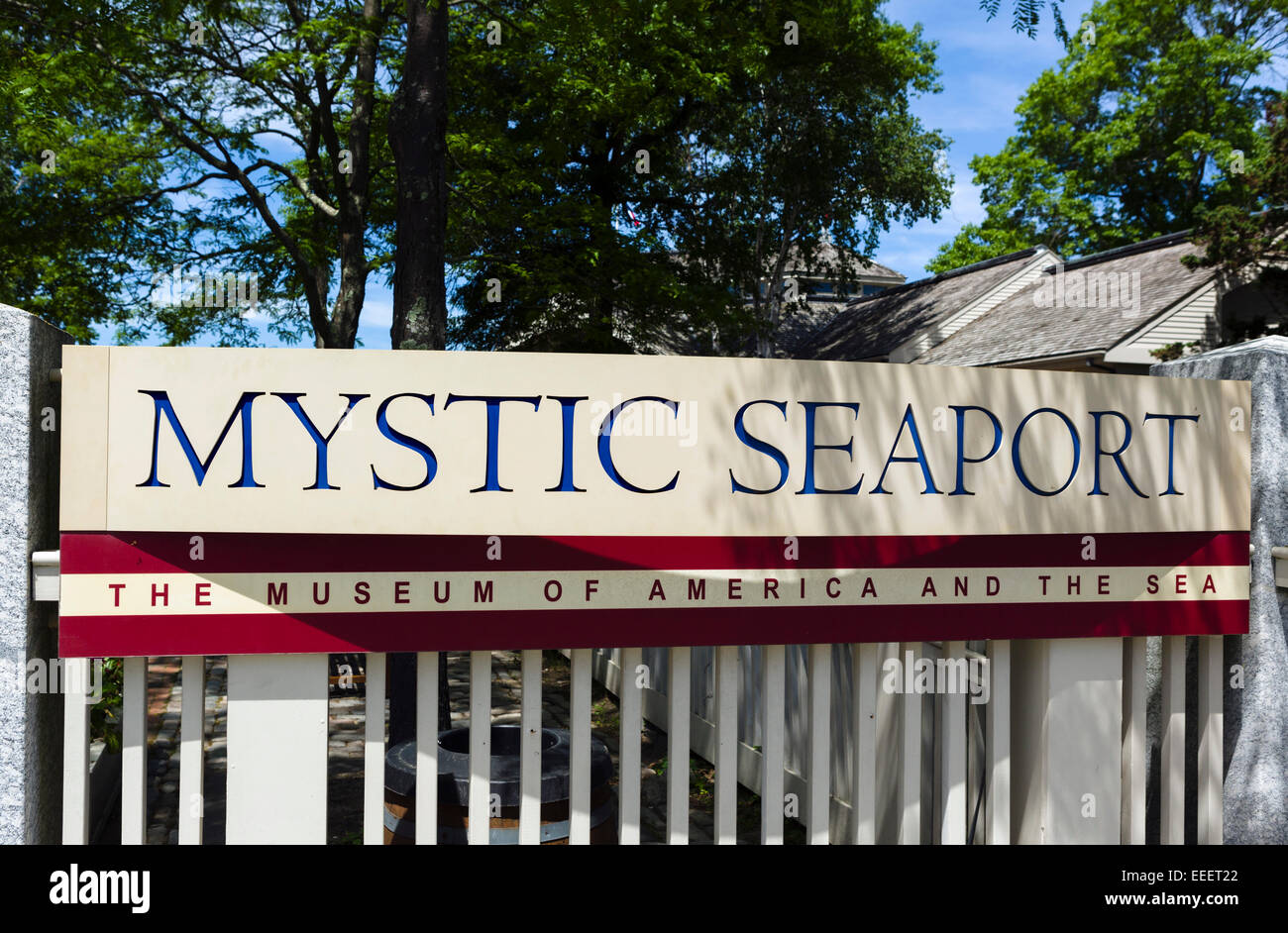 Firmare all'entrata di Mystic Seaport Maritime museum di Mystic, Connecticut, Stati Uniti d'America Foto Stock