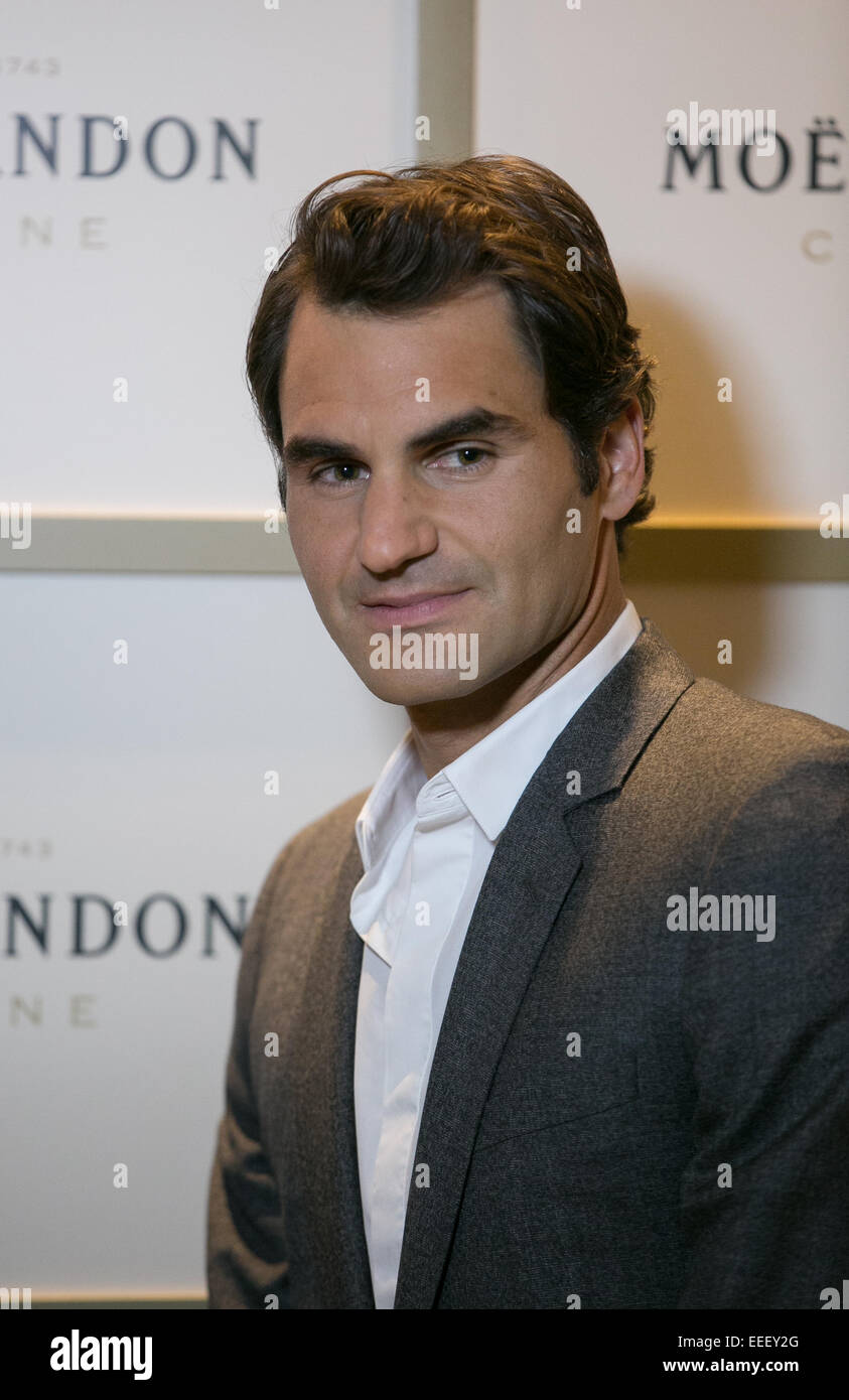 Roger Federer arriva al Moet & Chandon evento in anticipo della Australian Open Tournament a corona, Melbourne, 16 Gennaio 2015 Foto Stock