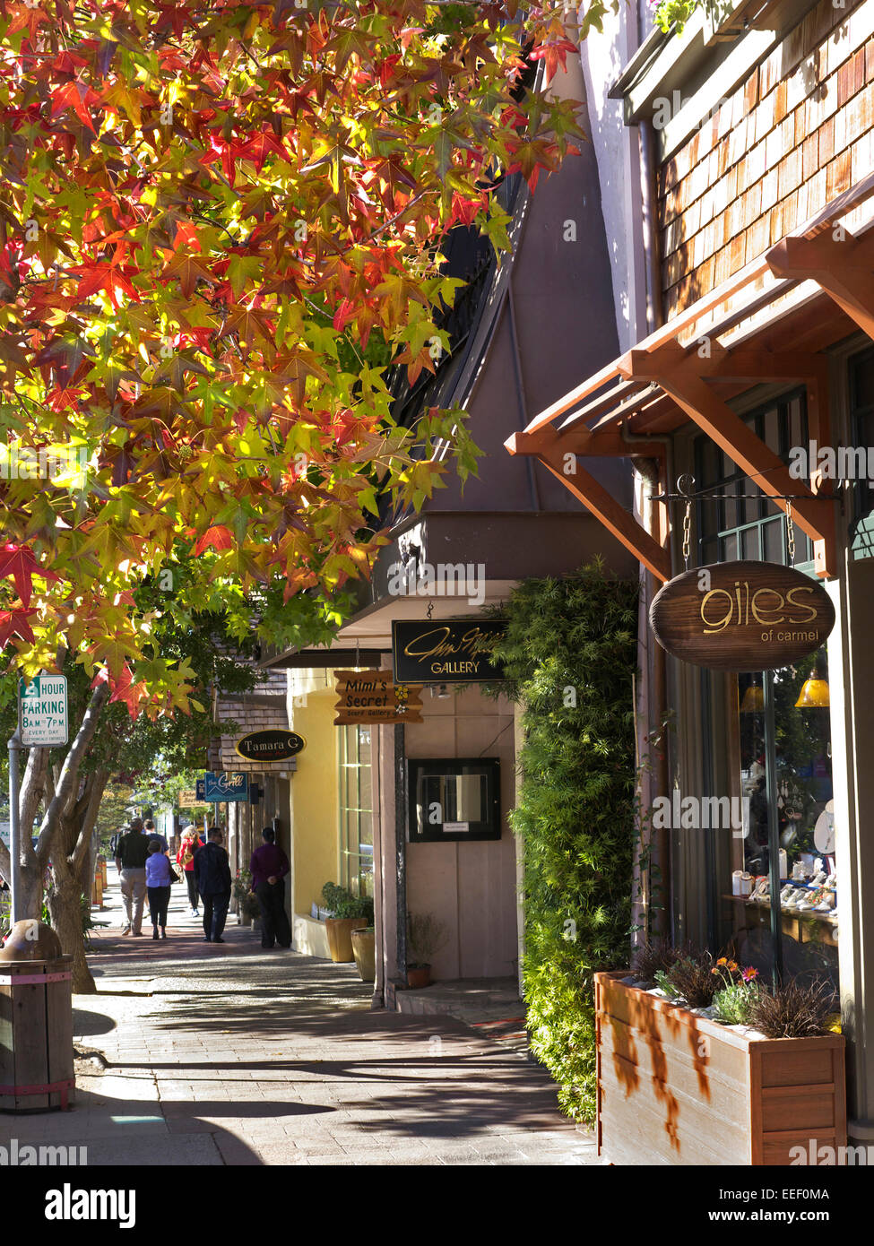 Scena di strada in colore di autunno con negozi e gallerie d'arte di visitatori su Ocean Avenue Carmelo Monterey County in California Foto Stock